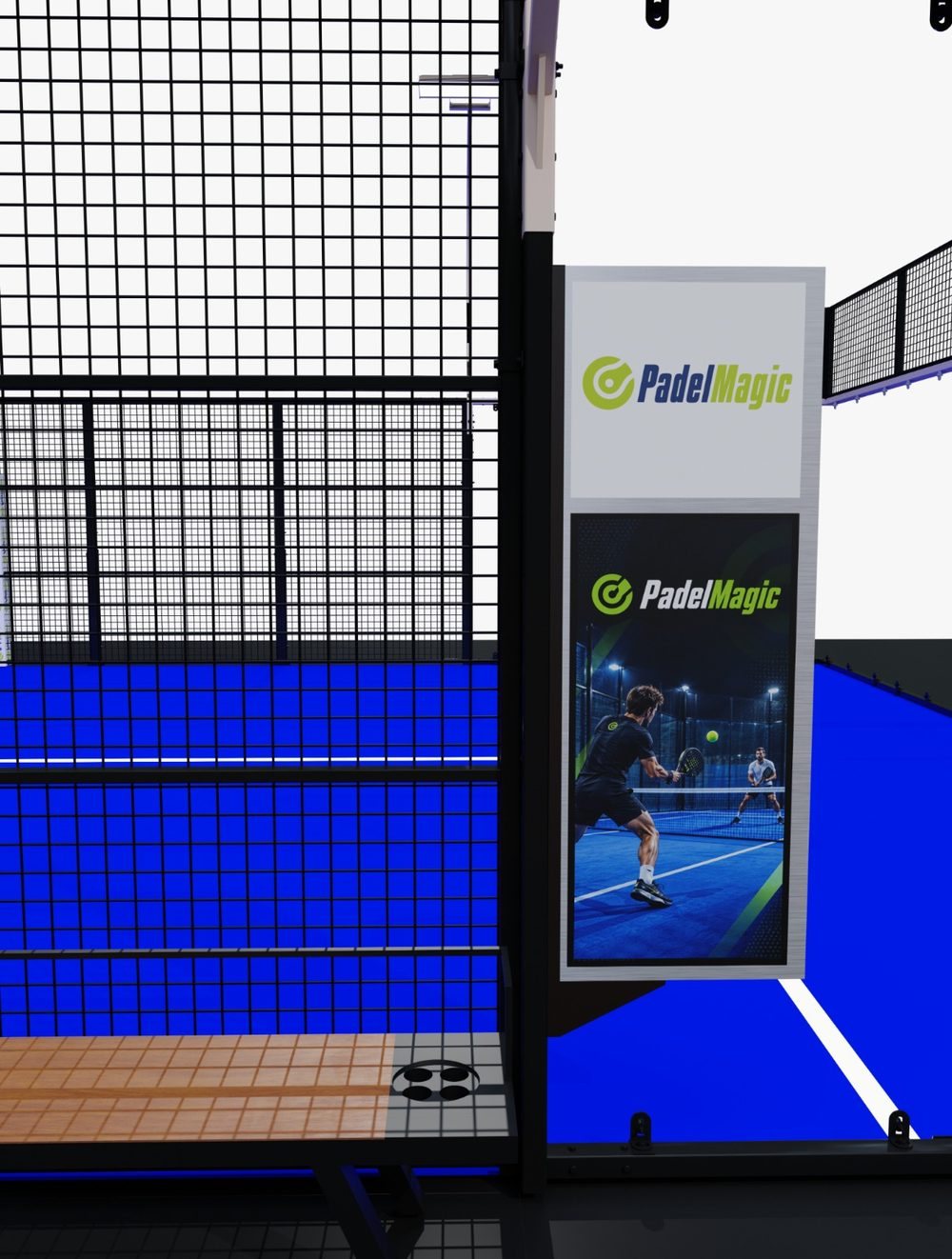 Pantalla de PadelMagic instalada junto a la pista